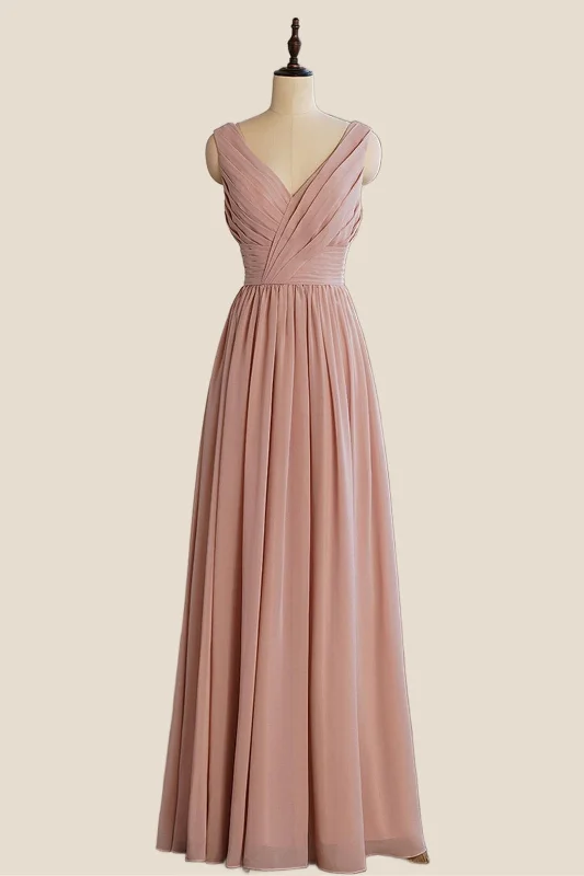 casual evening dressV Neck Blush Pleated A-line Long Dress